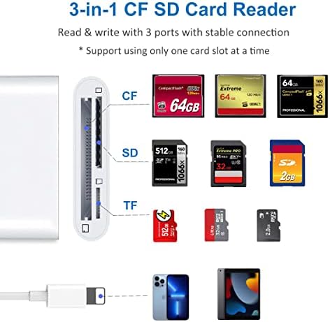 Real-El Sd CF Card Card Reader para iPhone iPad 3 em 1 SD CF TF TF Memória CARTRO Adaptador Câmera Câmera Reader Visualizador de câmera do jogo para iPhone 13 12 11 x 8 7 6 Plug and Play, branco