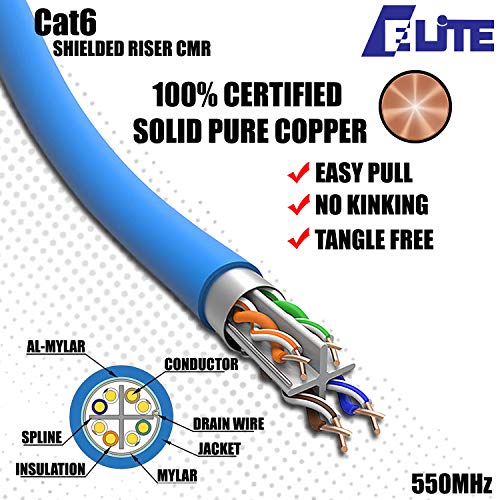 Elite Cat6 Riser blindado, cabo Ethernet 1000 pés, 23awg de cobre nuclear puro sólido, frustrado com um par torcido sem