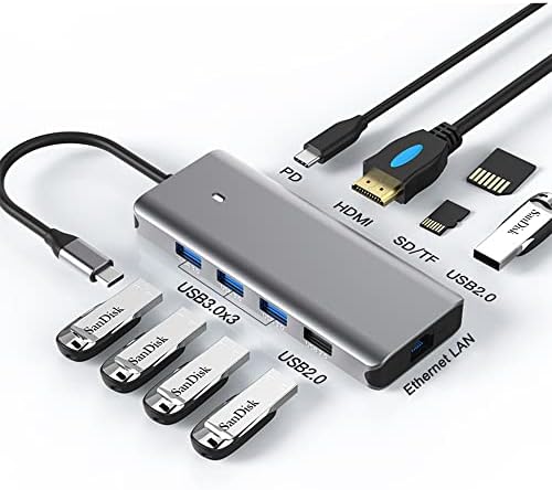 Navor 10 em 1 USB C Hub, dongle USB tipo C com HDMI, 5 portas USB, PD, TF / SD slot para cartão, porta RJ45 LAN, compatível com Mac