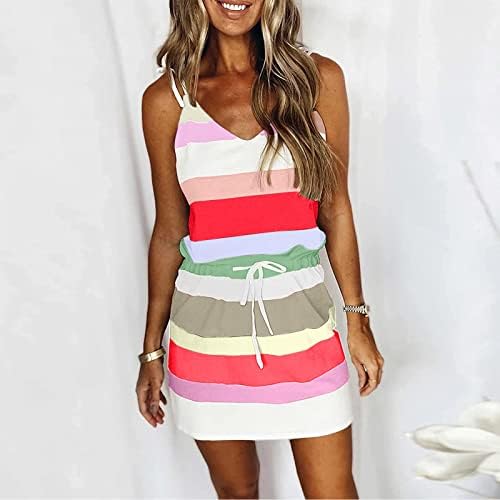 Vestidos de verão femininos de LCZIWO 2023 Casual Block Color Spaghetti Strap V Decote Sleeseless String String Walting Mini