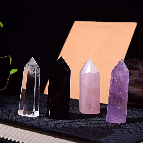 Jinghongfang 4pcs Cristal Wands Conjunto, Pontos de cristal de quartzo claro naturais ， Amethyst Rose Quartz Obsidian Wands Set