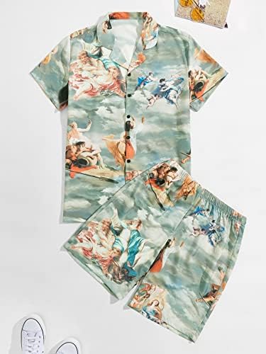 Fdsufdy Duas peças roupas para homens Pintura a óleo de camisa estampada com shorts