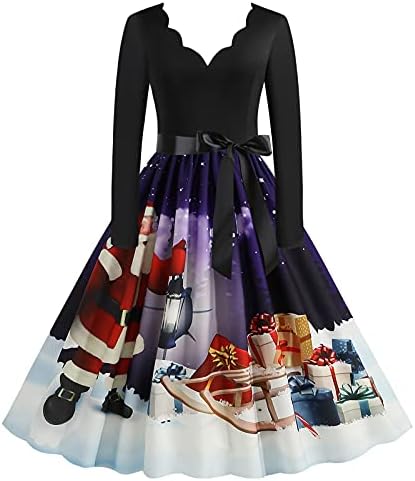 Vestido de Natal vintage para mulheres de manga comprida V Vestido elegante de coquetel de coquetel de coquetéis