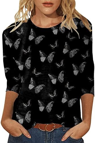 3/4 de manga feminina, impressão de padrão de flores 3/4 mangas redonda camiseta esportiva esportes de camisetas engraçadas camisetas para mulheres