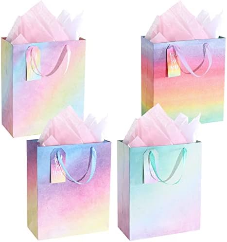 Mtchange grande bolsa de presente iridescente com papel de seda para aniversários, aniversários, festas, casamento, chá