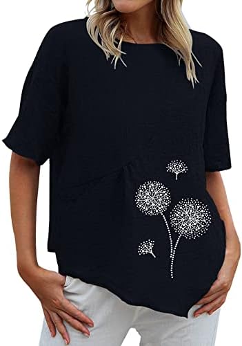 Camisetas gráficas exclusivas de impressão feminina camisetas de pescoço de manga curta de linho de linho de algodão