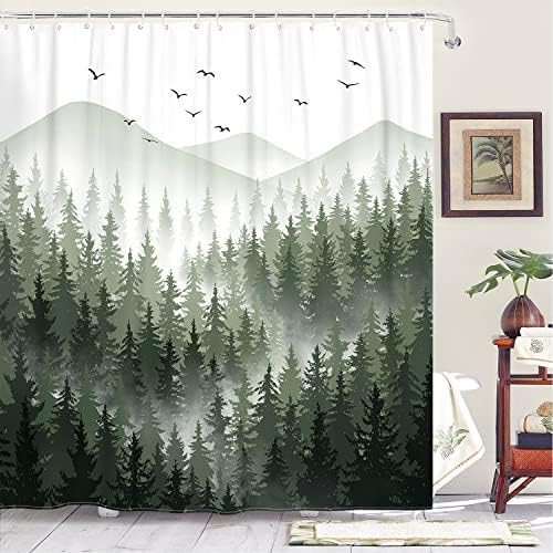 Cortina de chuveiro da montanha da floresta enevoada de kanuyee, cortinas de tecido de árvore natural para decoração da floresta do banheiro conjunto com 12 ganchos 72 x72 polegadas