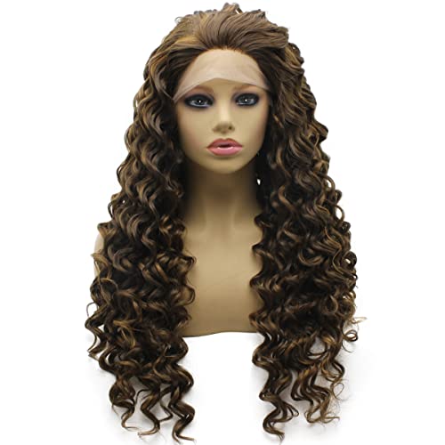 IWONA Destaque marrom marrom long curly natural sintético peruca renda frontal peruca resistente a calor de fibra