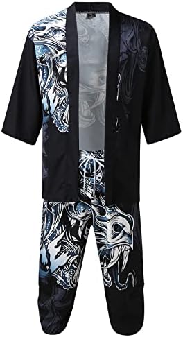 Cardigã Kimono Japonês Japonês Conjunto Elegante Casaco Fronteiro Longo Com Calças Corteadas Estilo Chinês Impresso Ternos