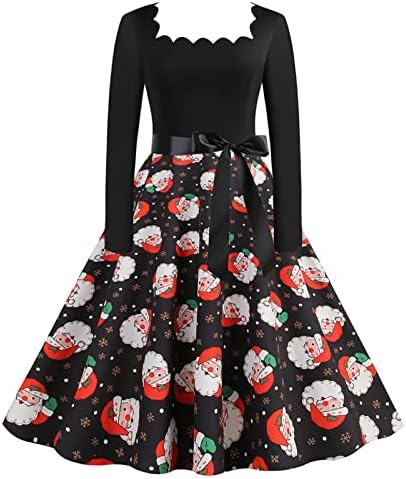 Vestido de cocktail vintage de manga longa para mulheres onda pescoço gráfico fofo Um vestido de festa de linha outono midi 1950s vestidos