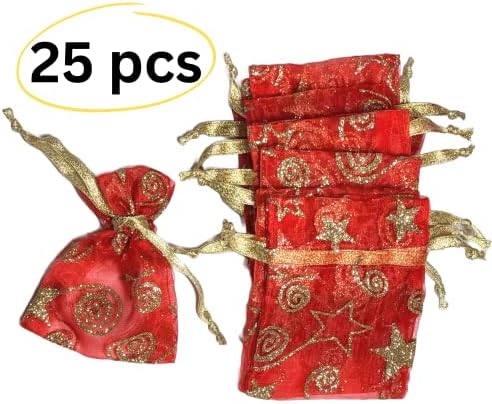 Bolsa de doces de joalheria de jóias do Linpeng Satin Catring Organza, Natal, festas de casamento Sacos de presentes, apro.3x4, vermelho com padrão de redemoinho de ouro - 25 pcs