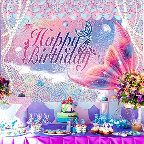 7x5ft sereia cauda feliz aniversário pano de fundo de verão onda marinha escala Background Pink Blue Girl Princess Birthday Party Decor Booth Prop