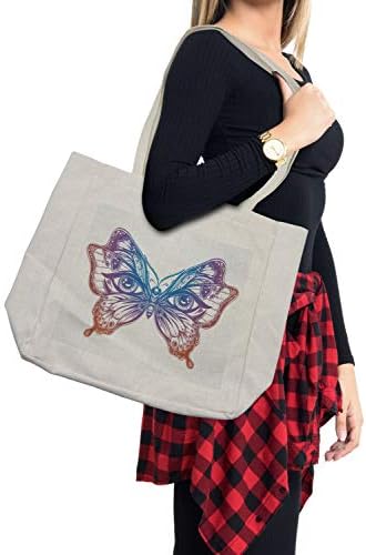 Bolsa de compras de Butterfly de Ambesonne, Madam Butterfly Wings com olhos humanos Tattoo Liberdade Tema Natureza, bolsa reutilizável ecológica para beias de mantimentos e mais, 15,5 x 14,5, creme