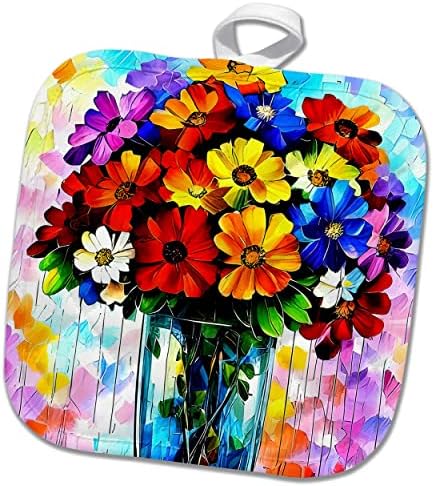 Buquê de 3drose de flores coloridas de verão em um vaso de vidro. Rosa. - Potholders