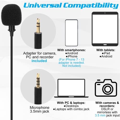 Microfone de lapela Lavalier de grau profissional para Samsung Galaxy A71 5G UW Compatível com iPhone Phone ou Camera Blogging