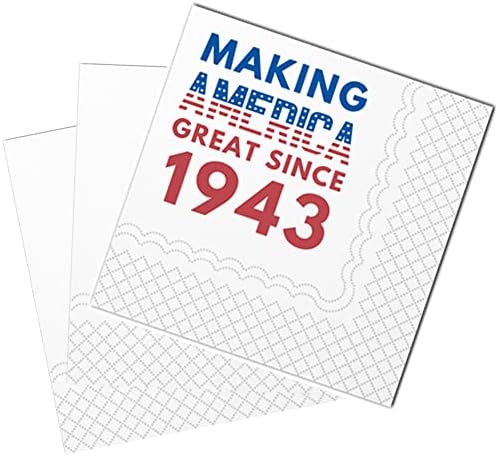 Sharkbliss Making America ótimo desde 1943 guardanapos de coquetel de aniversário de 80 anos, 50 pacote de 80º aniversário de bebida descartável de papel guardanapos de bebida a granel para o seu oitenta 80 anos | 2-Ply, 5x5