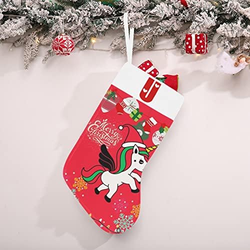 Monogram Santa Unicorn Christmas Stocking com letra u e coração 18 polegadas grandes vermelhas e brancas