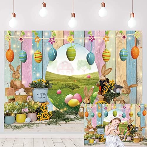 Cenário de páscoa rústica parede de madeira colorida ovos de páscoa de bunny grama fundo primavera jardim de chá de bebê recém -nascidos