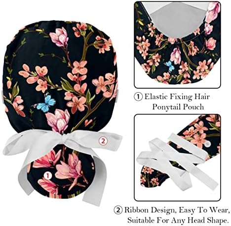 Floral Black Pattern 2 PCs Chapéus bufantes ajustáveis ​​com botões e tampas de gravata da cabeça da fita de banda de suor