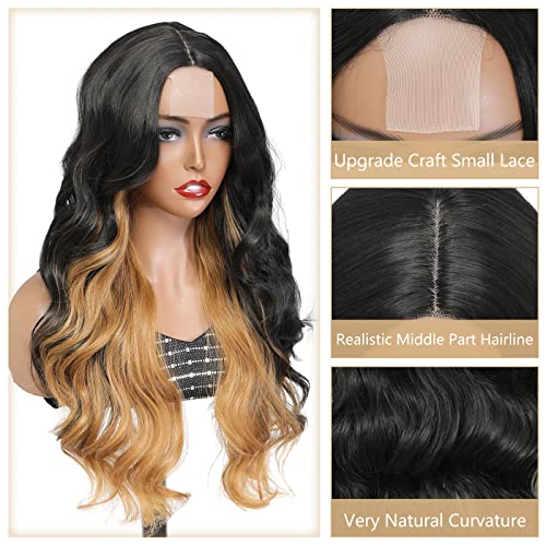 Moda Lady Long Wavy Wigs for Women Destaque Wigs sintéticos Parte média Parte ondulada peruca preta de mel preto de mel