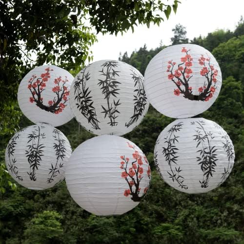 Pacote de 6 pacote chinês lanterna de papel branco japonês, 12 polegadas e 14 polegadas penduradas flores vermelhas de cerejeira e lanterna de bambu desigh para restaurante de estilo oriental chinês decoração de chá de bebê caseiro