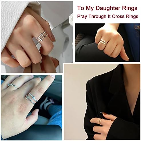 Harlermoon para minha filha Pray de anel através dele anel cruzado Double Cross Anel Ajuste Anel de Batismo Prata CZ Diamante