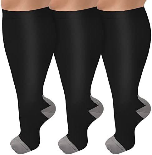 Pacote de 3 meias de compressão de tamanho grande para mulheres e homens, 20-30 mmhg de meias de joelho de bezerro extra larga para suporte de circulação