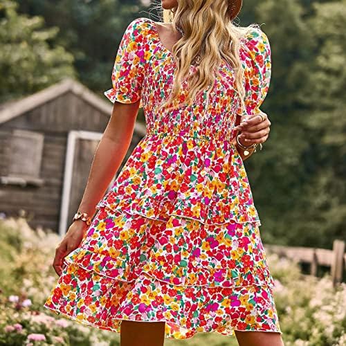 Vestido fofo de verão feminino Bohemian Floral Puff Slove Swing Dress Ruffle Flowy Flowy Party Beach Midi Dress