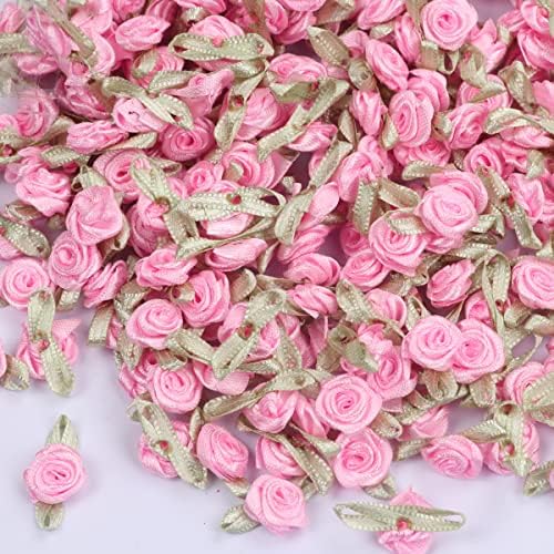 Yycraft pacote de 240 PCs Satin Ribbon Rose com folhas de noiva de casamento/ artesanato, rosa