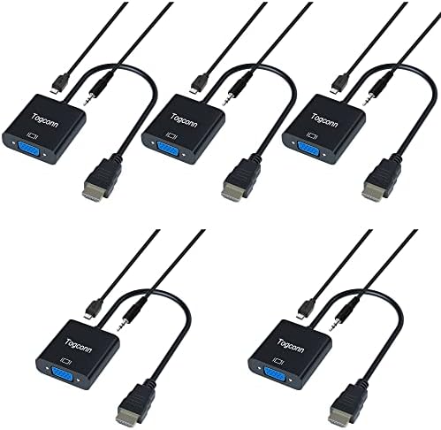 Adaptador Togconn HDMI para VGA, conector feminino HDMI para VGA com 1080p de ouro com cabo de alimentação de áudio Aux de 3,5 mm e fonte de alimentação USB, para laptop, PC, Monitor, HDTV, Chromebook, Roku, Xbox （3