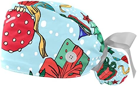 Caps médicos para mulheres com botões cabelos longos, boné de trabalho ajustável de 2 peças, elementos de natal elementos da caixa de presente da árvore