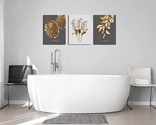 Arte de parede abstrata e cinza e dourada de BOHO 3 Peças Modernas esticadas e emolduradas em flor branca pinturas de lona de