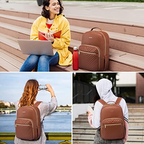 Backpack de laptop LoveVook para mulheres, bolsa de laptop de trabalho de couro falso, mochila de viagem durável com porta de carregamento USB, bolsa de bagpack elegante, mochila de computador de 17 polegadas, marrom