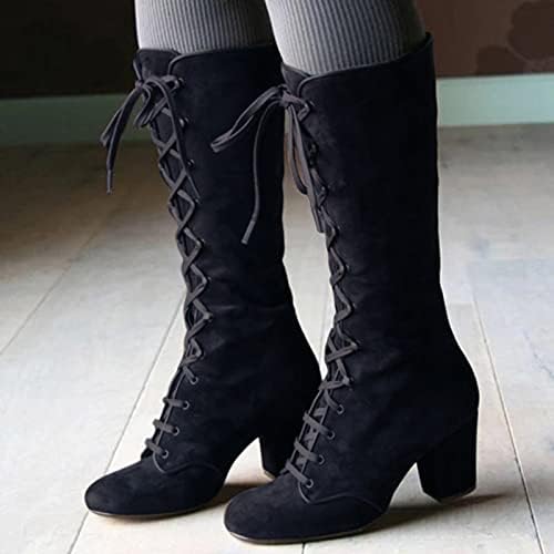 Botas de renda de Waserce para mulheres com salto gótico botas preto laço doce botas de bezerro de calcanhar de salto médio