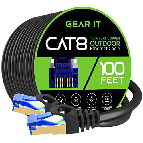 Gearit CAT8 Cabo Ethernet ao ar livre, enterro direto, cemitério, no solo, jaqueta UV LLDPE, cobre puro, 26AWG, 40Gbps 2000MHz SFTP Patch Cord, Poe, Rede, Internet, CAT 8 - 100 pés