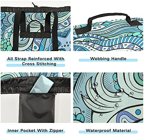 Sea Life Bohemian Laundry Bag com tiras de ombro para lavanderia Backpack Bag Fechamento de Custring Durnure Handper para Camp