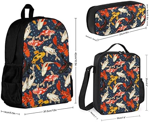 Koi Carp Japan estilo fofo Backpack Set 3pcs College Bookbag com lancheira leve e caixa de lápis para aluno