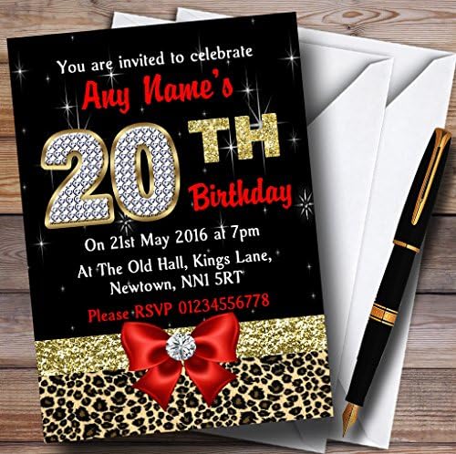 O card zoo de diamante vermelho e impressão de leopardo 20º aniversário convites personalizados