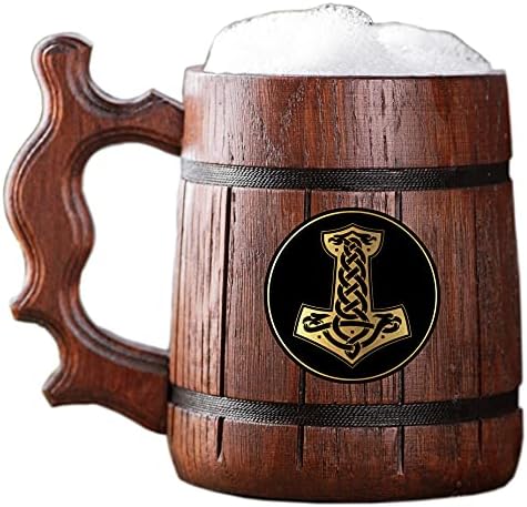 Caneca de cerveja de madeira viking. Thor Hammer Mjolnir Caneca. Premium Wood Tankard. Caneca de cerveja de madeira personalizada