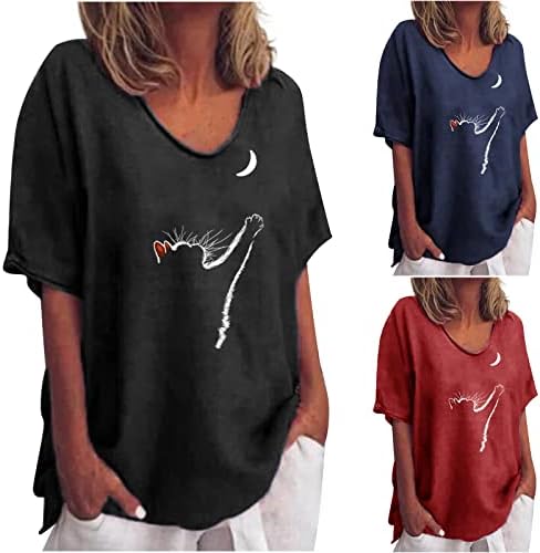 Mulheres de verão de linho de algodão de algodão topo casual solto ajuste tendência animal túnica tee de túnica confortável e macia blusa fluida