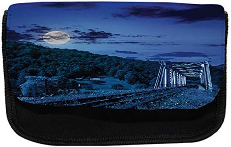 Caixa de lápis de paisagem lunarável, montanha da ponte ferroviária, bolsa de lápis de caneta com zíper duplo, 8,5 x 5,5, marinha