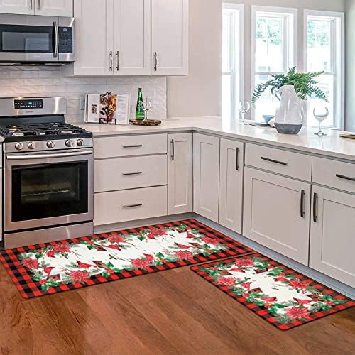 Tapetes de cozinha de Natal de Pauwer Conjunto de 2, Red Buffalo xadrez Poinsettia Floor Cozinha tapete de cozinha, tapetes