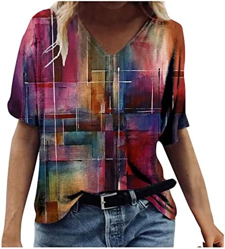 Camiseta feminina tops de padrão casual impressão solta de manga curta Baggy v pescoço de pescoço de manga curta camisetas