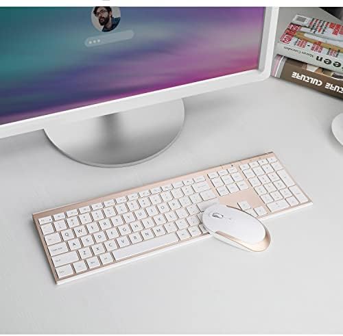 Teclado sem fio e mouse combinar, teclado recarregável de 2,4 GHz de alumínio ultra-slim com mouse de Whisper-Quiet for Windows, Laptop, PC, Desktop-Gold Branco