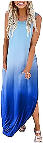 Vestidos Fragarn para mulheres 2022 Gradiente Prind sem mangas de tanque com bolso redondo pescoço casual vestido maxi de verão solto