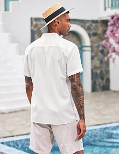 Coofandy Men Men Cuba Guayabera Camisa de manga curta Botão de linho de linho Camisa casual de praia