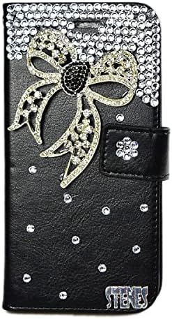 Fairy Art Crystal Cartlet Caixa de telefone compatível com Samsung Galaxy A20 - Bow - Black - 3D Madeiro Glitter Bling Cover com protetor de tela e cordão do pescoço