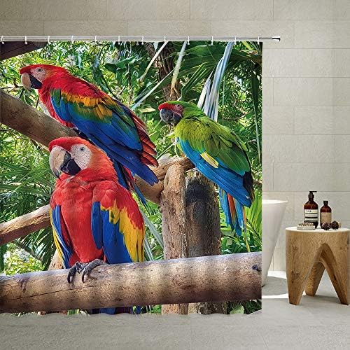Cortina de chuveiro de pássaros QYVLHD, colorido papagaio de pássaros na selva tropical na filial Nature Florest Spring Paisagem Fabric Decor