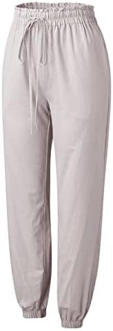 Calças de linho de algodão feminina de Meymia, Womens Casual Casual Splicing Splicing High Rise elástica Pant da cintura com
