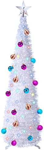 Tinsel de árvore de Natal de 5 pés Pop up com 50 Luzes coloridas Timer 3d Estrela 25 Bolas Bateria Operado a lápis Slim Artificial Tree Holiday Party Decoração de Natal Casa Indoor Outdoor